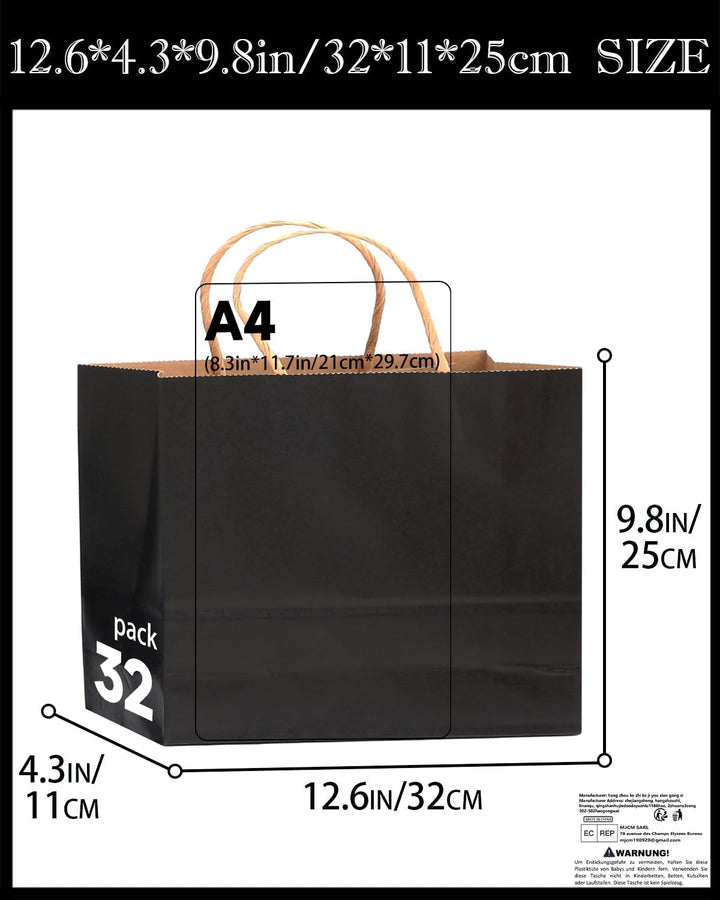 Gcardist 100 Stück Schwarz-Geschenktüten aus Papier mit Henkeln–12.6"x4.3"x10"-Tüten Breite Tasche P