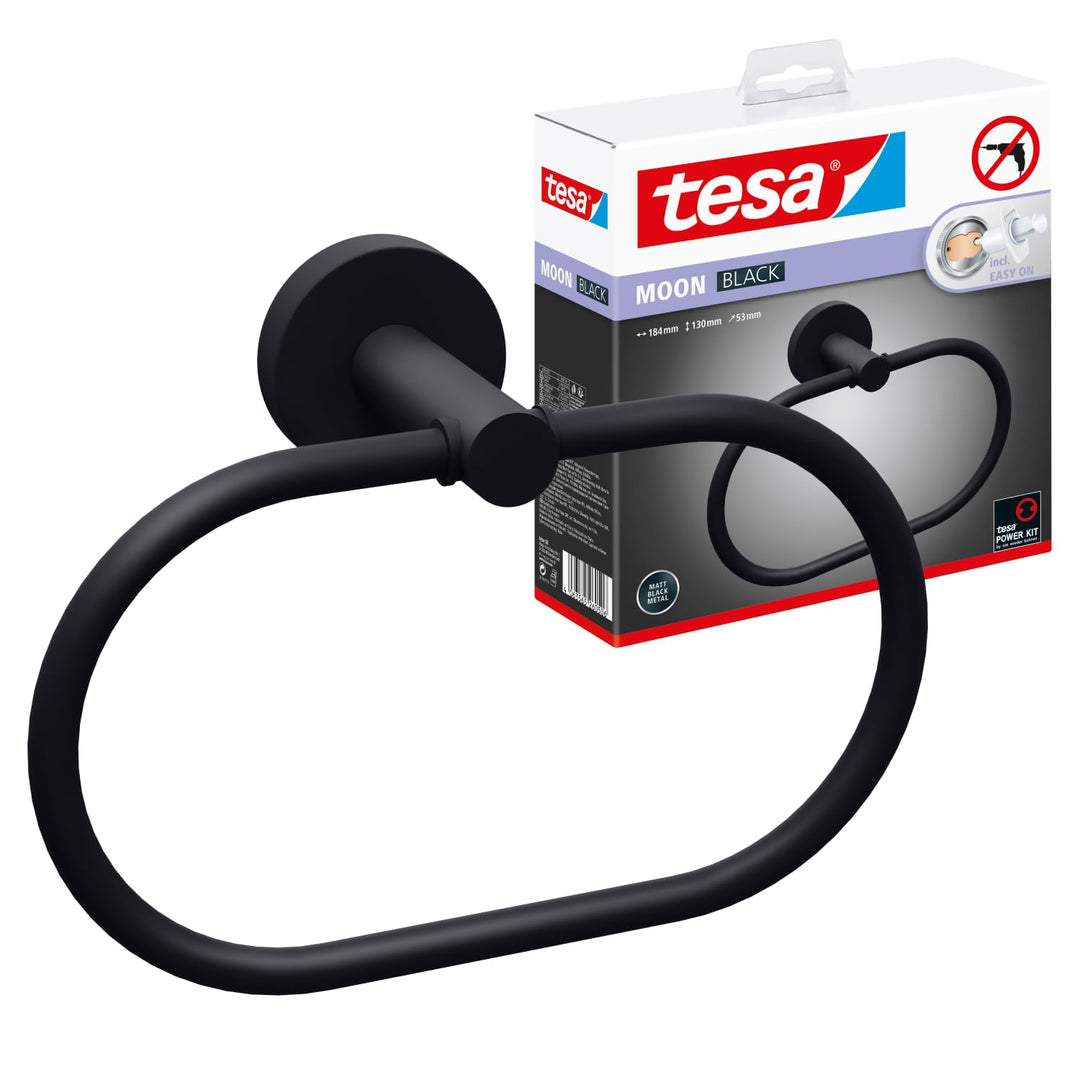 tesa Moon Black Handtuchring, matt schwarz - Handtuchhalter-Ring oval - zur Wandbefestigung ohne Boh