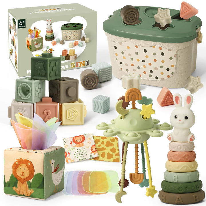 Montessori Spielzeug Baby ab 6 Monate, 5 in 1 Baby Spielzeug ab 7 8 9 Monate mit Bauklötze, Stapelri