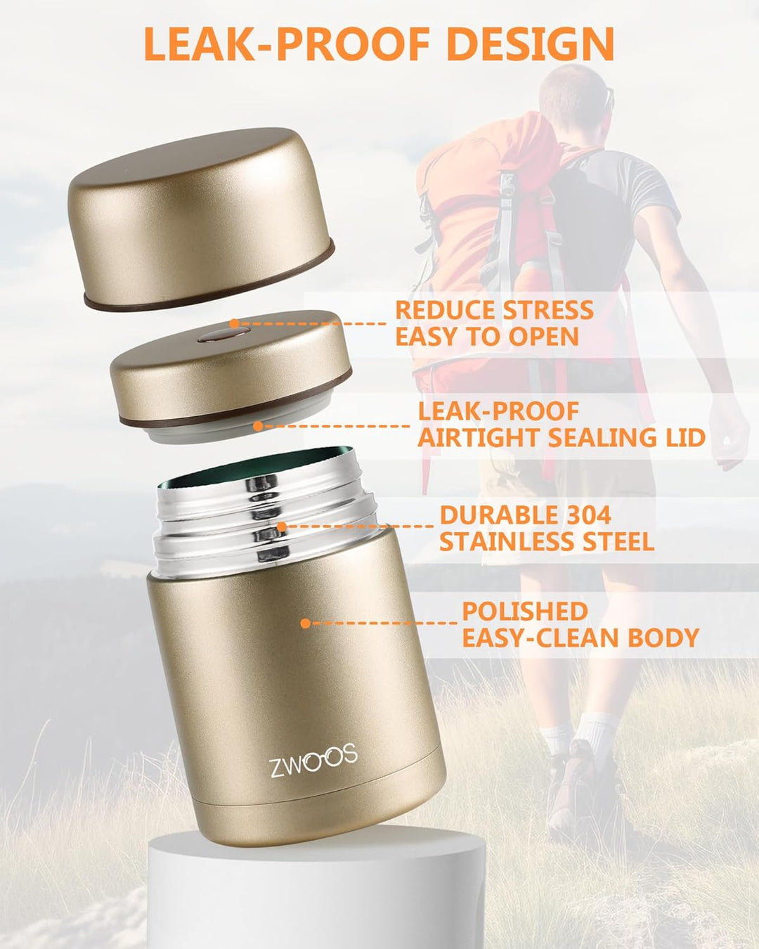 ZWOOS 800 ml Thermobehälter für Essen, 316 Edelstahl Wärmebehälter für speisen, Auslaufsicher Thermo