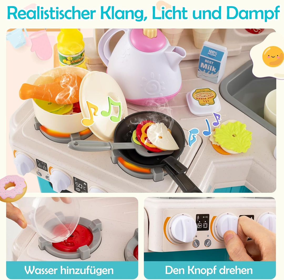COSTWAY Kinderküche mit 113 Zubehör, Eck-Spielküche mit Licht, Sound & Dampf, Kinder Küche mit Kochh