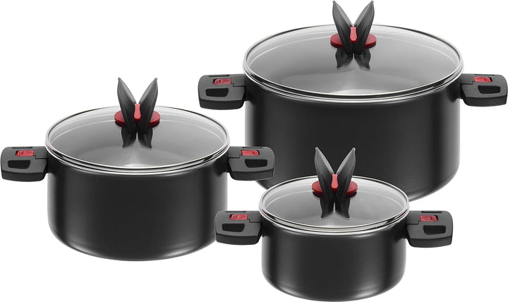 BALLARINI Topfset, 3-tlg., Inkl. 3 Glasdeckel, Antihaftbeschichtet, schwarz & Click & Cook Pfanne 20