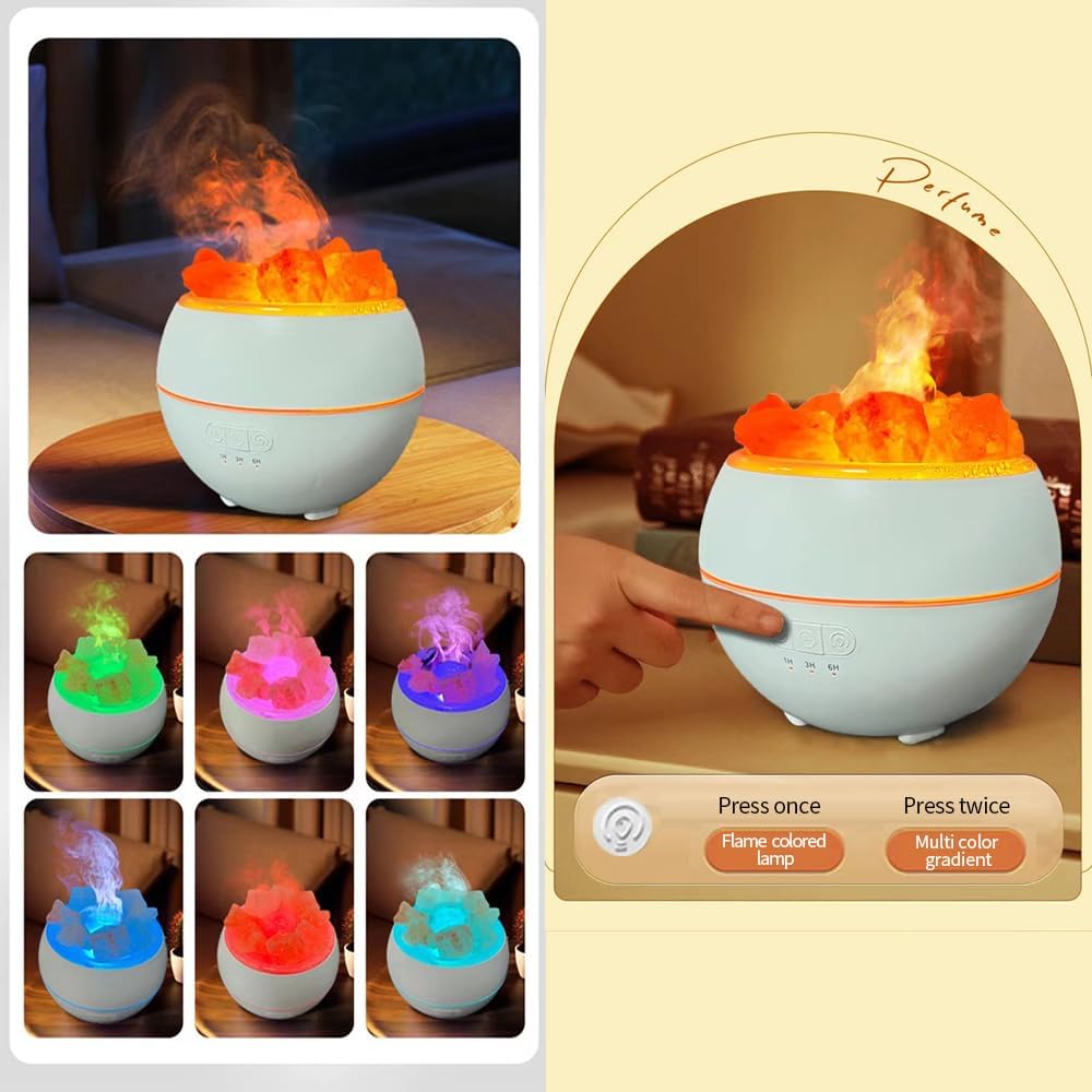 Salzsteinbefeuchter mit LED Umgebungslicht, Flammenlicht und Regenbogengradient USB Aromatherapie Ma