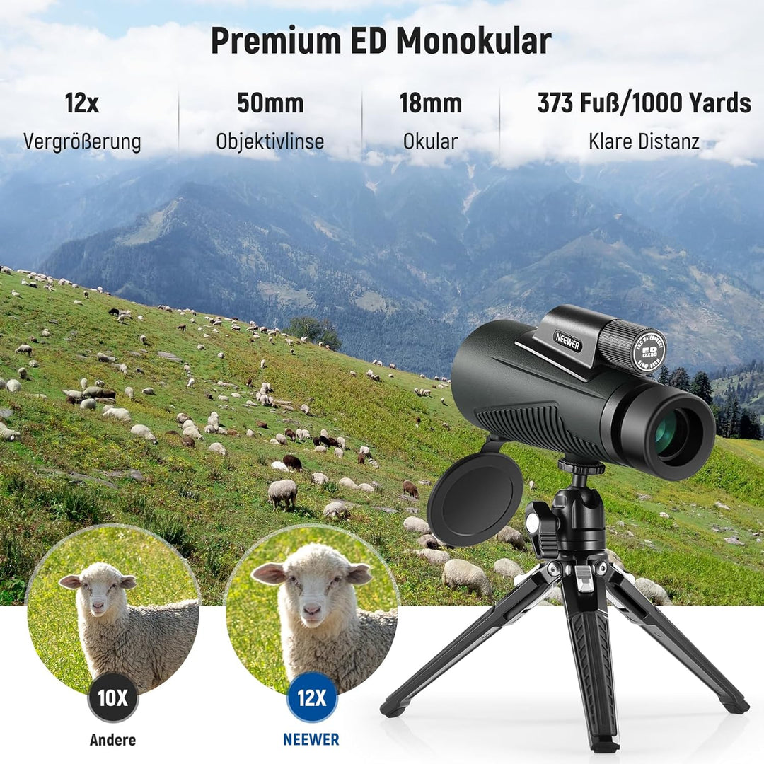 NEEWER 12x50 ED Monokular Teleskop,handy teleobjektiv mit Handy Clip/Metall Stativ/Tasche,IPX7 wasse