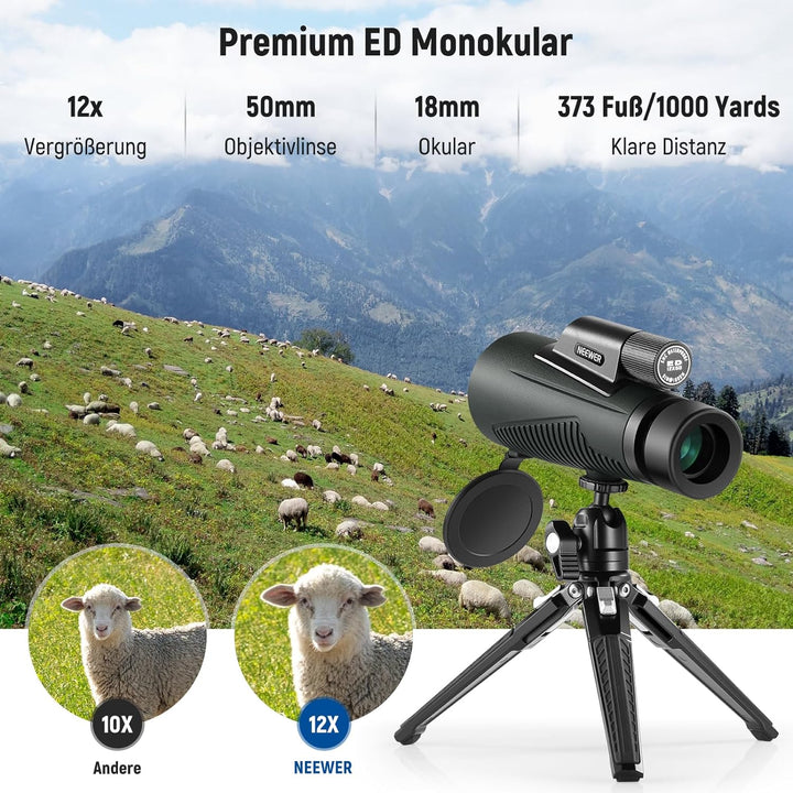 NEEWER 12x50 ED Monokular Teleskop,handy teleobjektiv mit Handy Clip/Metall Stativ/Tasche,IPX7 wasse