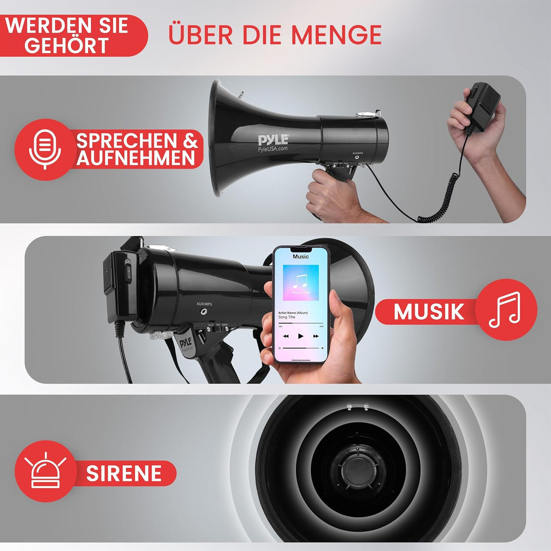 Pyle Megafon Profi Piezo Dynamische mit Aux-In für Digital Music iPod 50 Watt one Schwarz, one Schwa