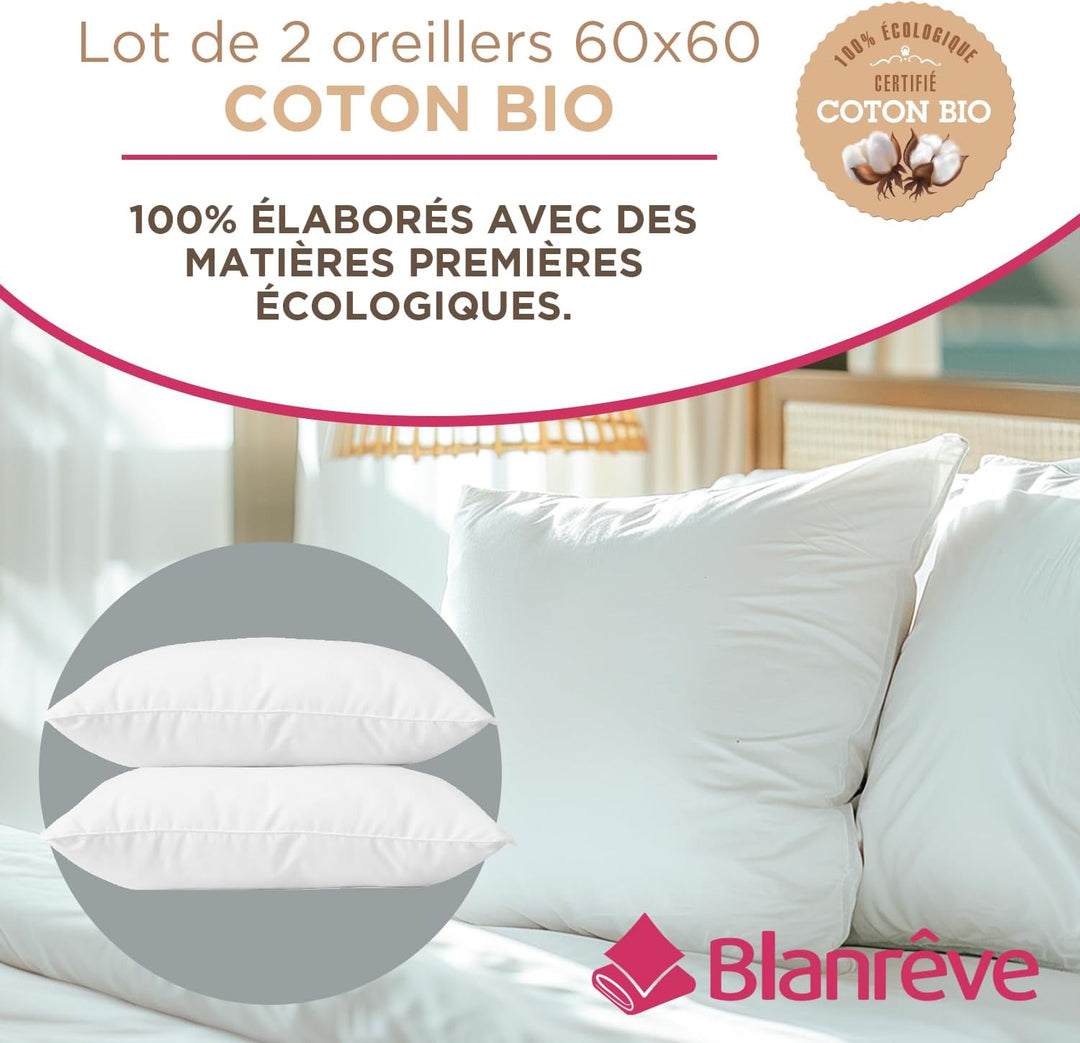 blanrêve - 2 Kissen Bio-Baumwolle – ästhetisch – Komfort flauschig – 60 x 60 cm, weiss