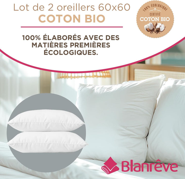 blanrêve - 2 Kissen Bio-Baumwolle – ästhetisch – Komfort flauschig – 60 x 60 cm, weiss