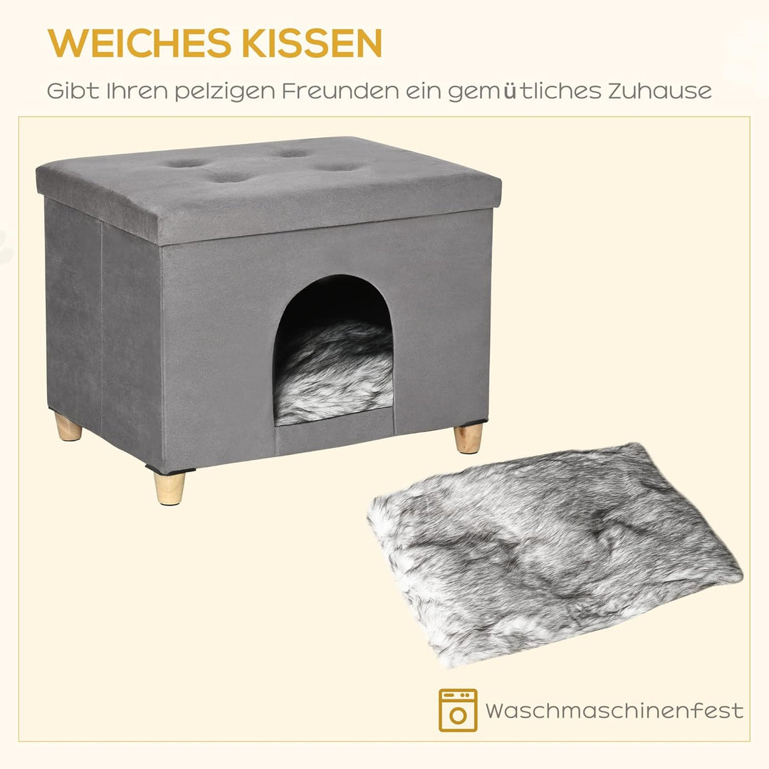PawHut Katzenhöhle Katzenbett 2-IN-1 Katzenhaus Fusshocker mit Kissen Holzbeine Katzenzelt Haustierh