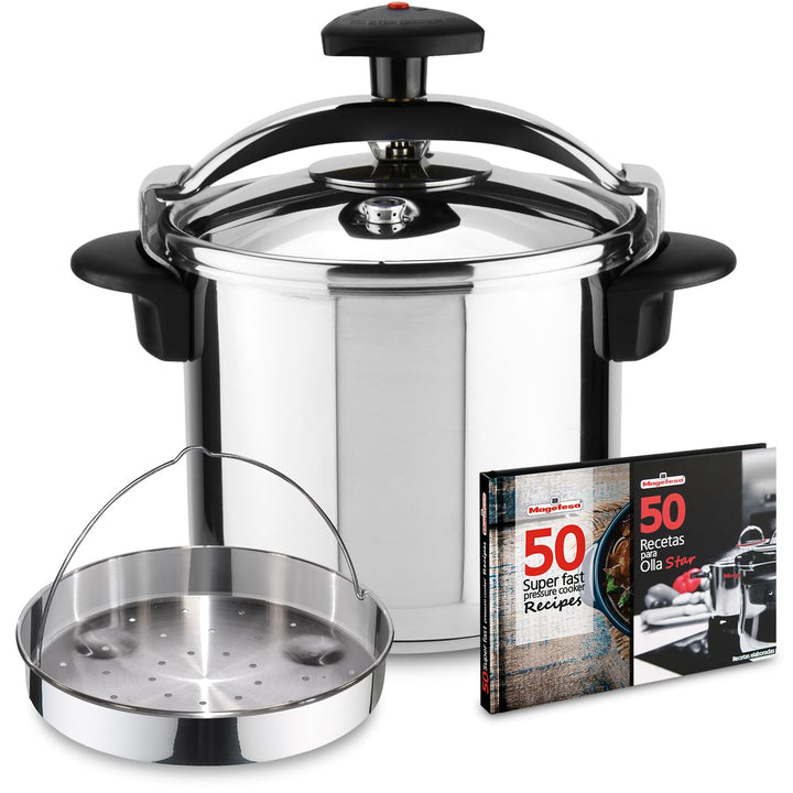 Magefesa Star Recta – Exklusives Set Traditioneller Schnellkochtopf 8L + Dämpfeinsatz + Rezeptbuch,