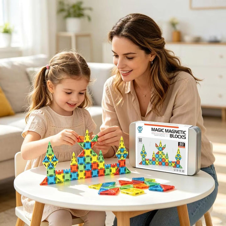 Magnetische Fliesen，60 Pcs Mini Magnetische Bausteine Reiseset, Magnet Fliesen Bauspielzeug Spielzeu