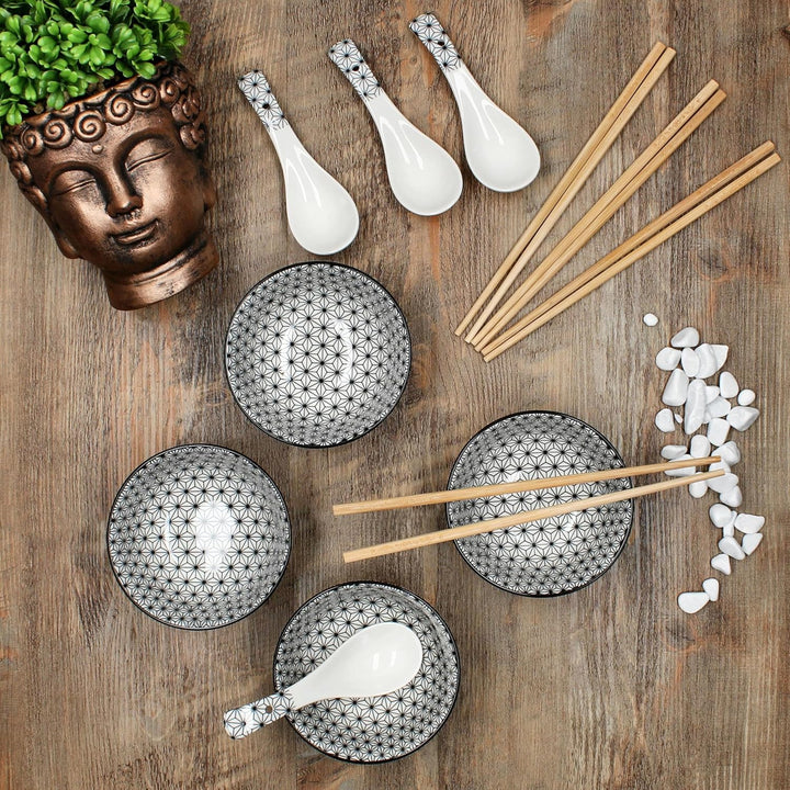 MamboCat Sushi Set für 4 Personen I asiatisches Geschirr Set aus Keramik &amp; Bambus I schwarz weiss I