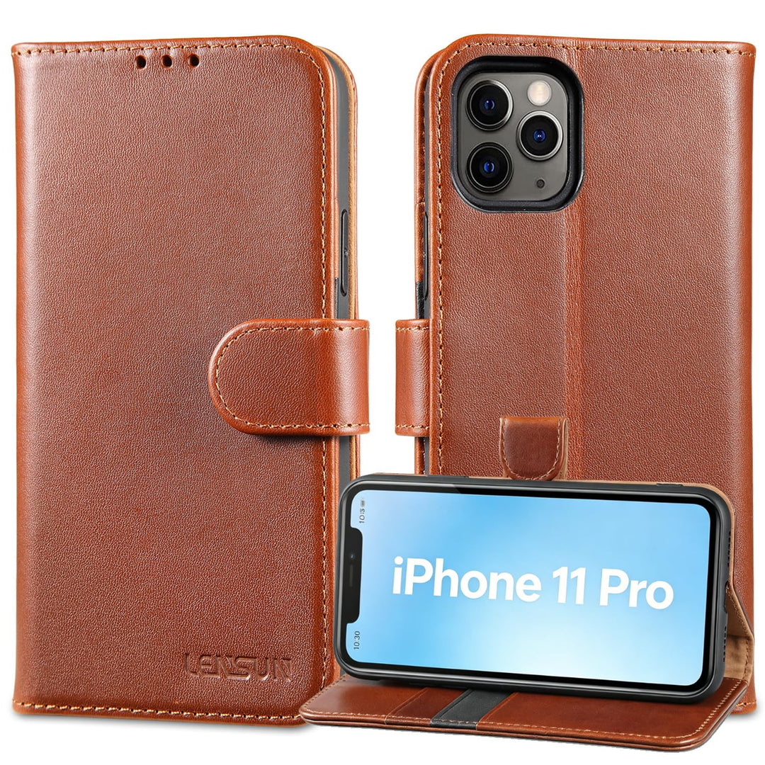 LENSUN Hülle für iPhone 11 Pro Echtleder, Handyhülle [Echtes Leder][Magnetverschluss Brieftasche][RF