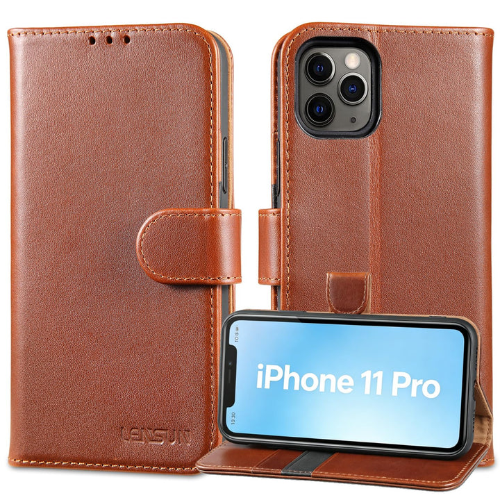 LENSUN Hülle für iPhone 11 Pro Echtleder, Handyhülle [Echtes Leder][Magnetverschluss Brieftasche][RF