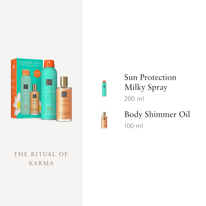 Rituals The Ritual of Karma – Summer Duo – Sonnencreme Spray mit LSF 30 und schimmerndes Körperöl –