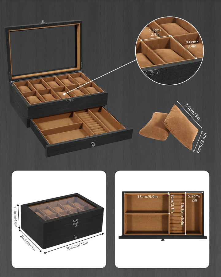 Uten Uhrenbox mit 10 Fächern, 2 Ebenen Uhrenkasten aus Massivholz mit Glasdeckel, Uhrenkissen Seiden