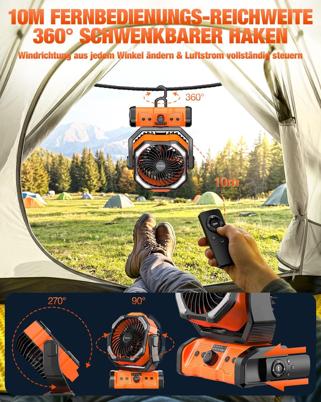 kejector Tragbarer Camping Ventilator, 24000mAh 3-in-1 Akku Gebläse mit LED-Licht, Oszillierender, W