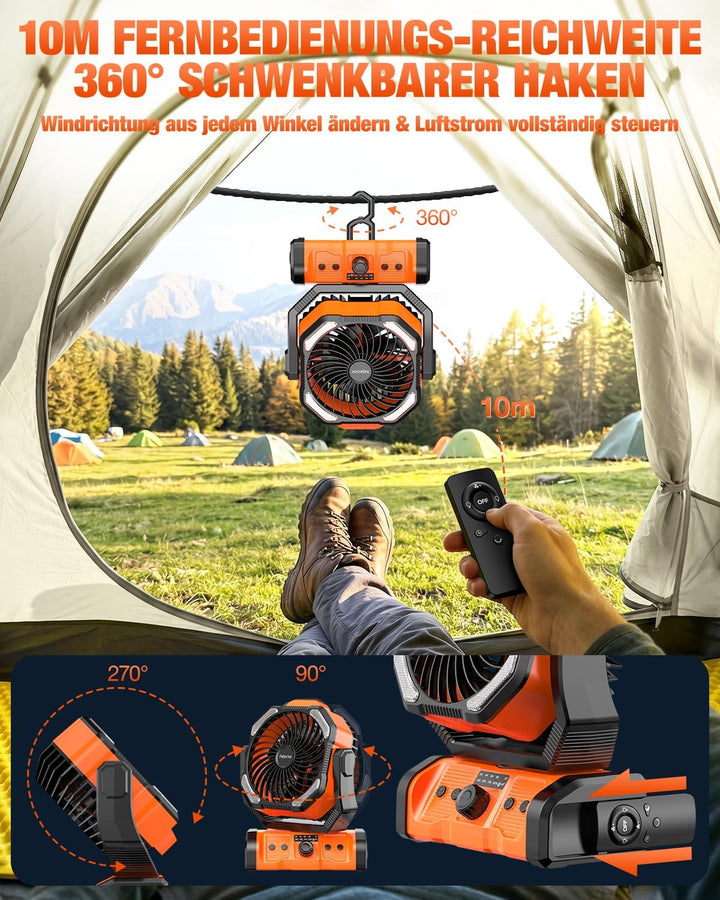 kejector Tragbarer Camping Ventilator, 24000mAh 3-in-1 Akku Gebläse mit LED-Licht, Oszillierender, W