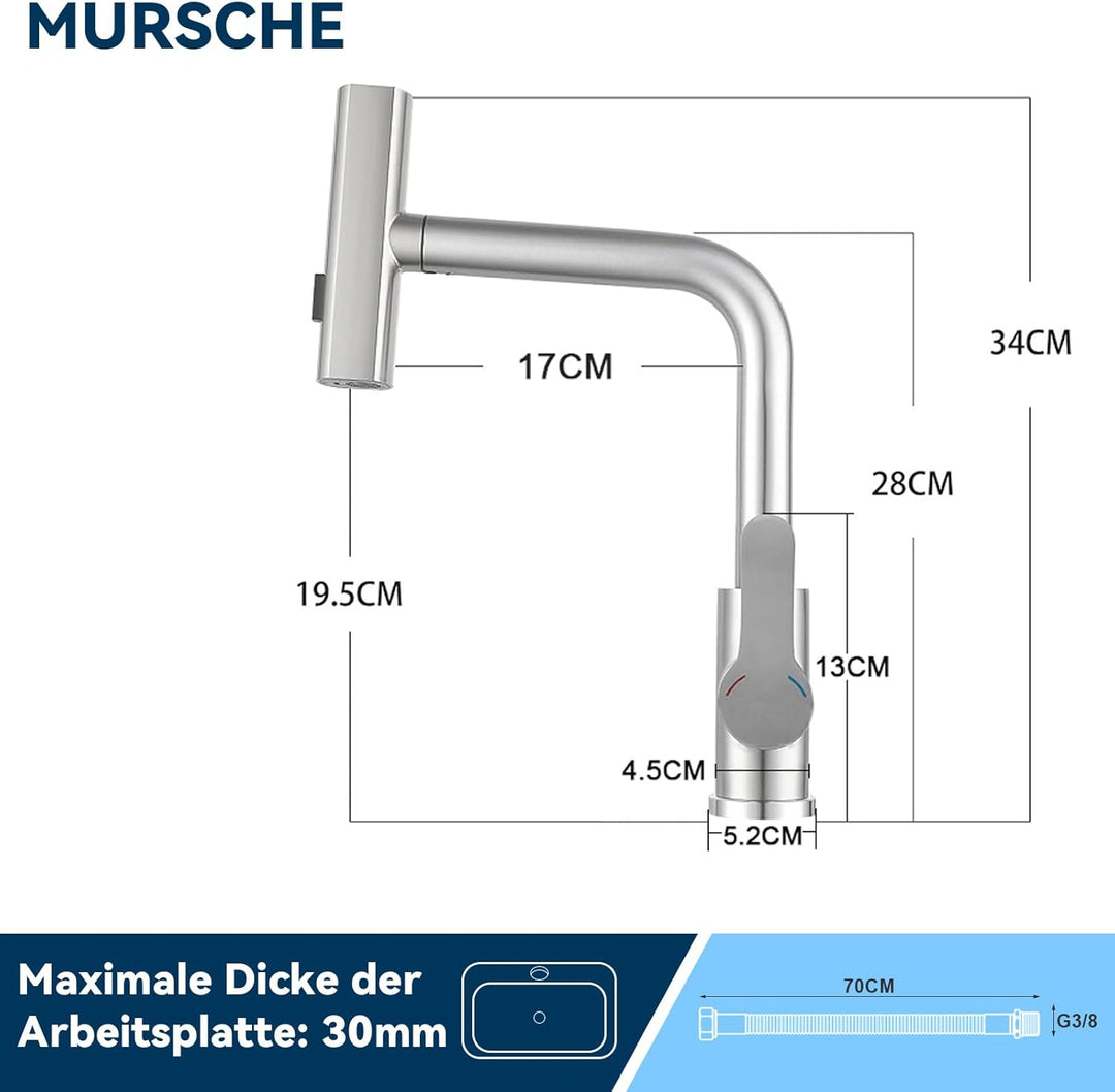 Mursche Wasserhahn Küche Küchenarmatur Ausziehbar - Waterfall Mischbatterie mit Brause Spültischarma