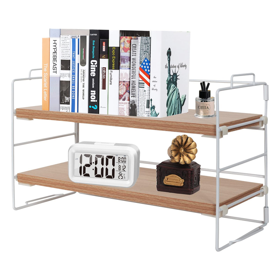 powerking Schreibtischregal, 2 Etagen weiss mit lackiertem Metallrahmen und original Teakholzbrett S