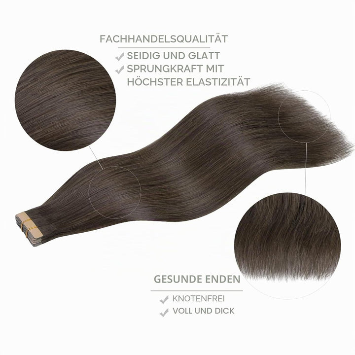 WENNALIFE Tape Extensions Echthaar, 20pcs 50g 60cm 24 Zoll Kühles Dunkelbraun Remy Invisible Tape Ex