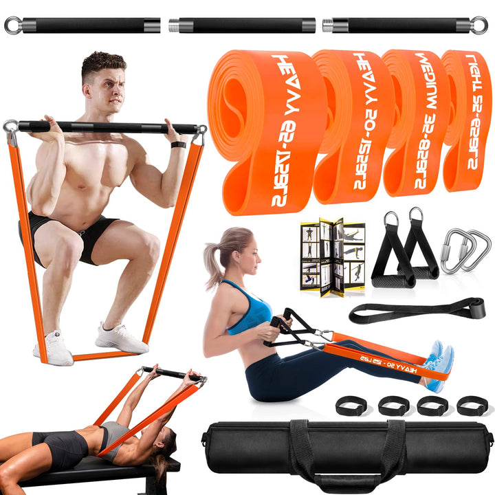 DASKING Fitnessbänder Krafttraining mit Stange, Resistance Bands Set - 4 Widerstandsbänder, Detachab