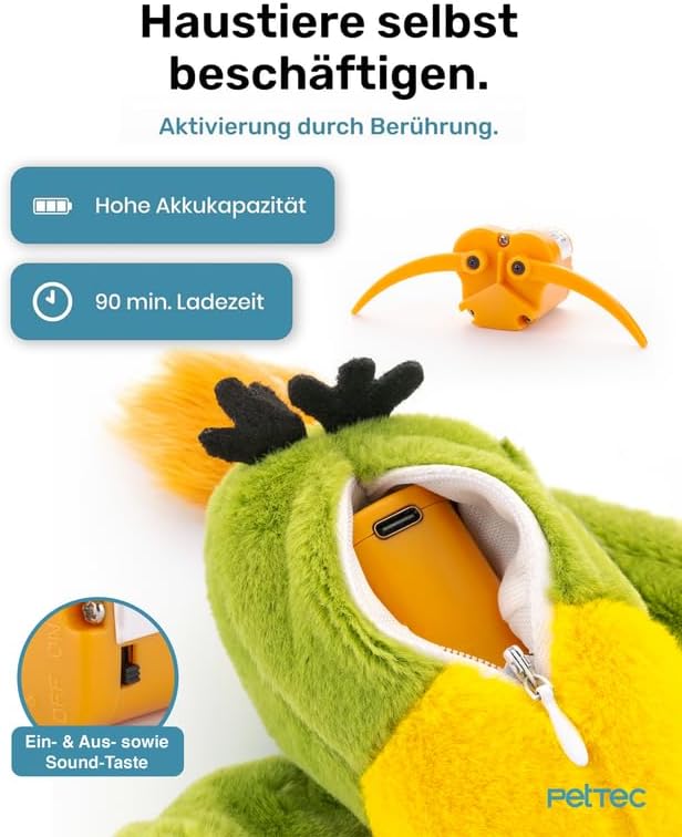 PetTec - Plush Toy Papagei Katzenspielzeug interaktiv zur Selbstbeschäftigung - Plüschtier Katze bew