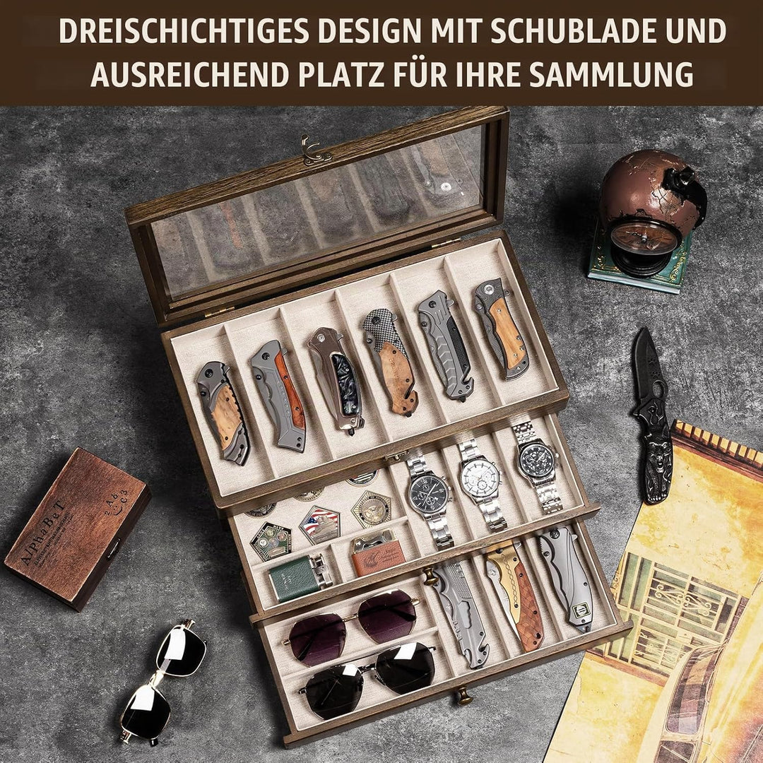 Messerhalter, 3-stöckige Messerständer, Messer-Vitrine für Messersammlungen mit transparentem Deckel