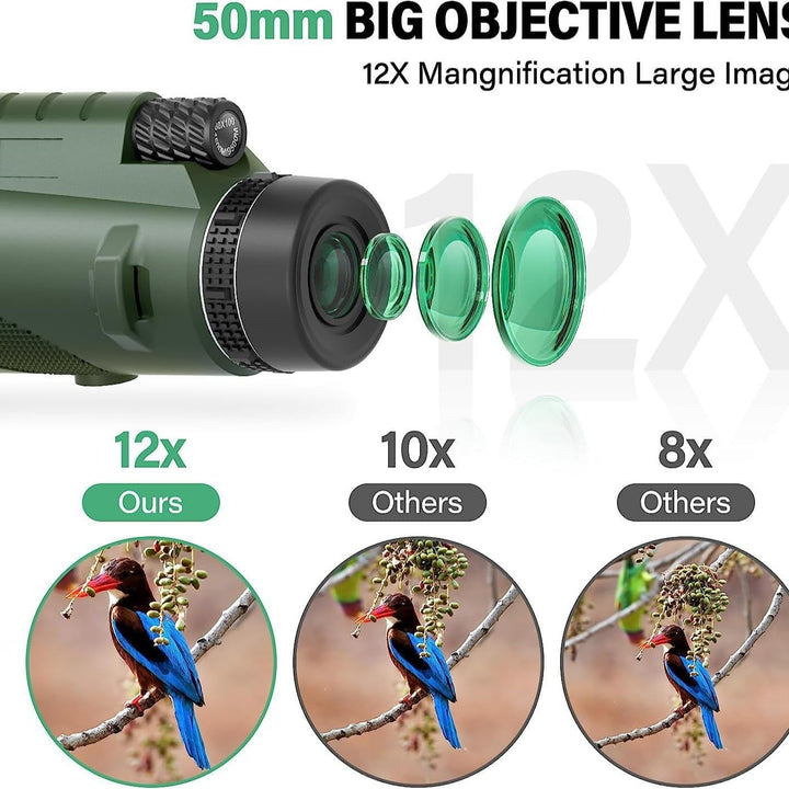 Monokular Teleskop, 12x50 Monoculars,mit BAK4-Prisma und FMC-objektiv, mit Smartphone Halterung stat
