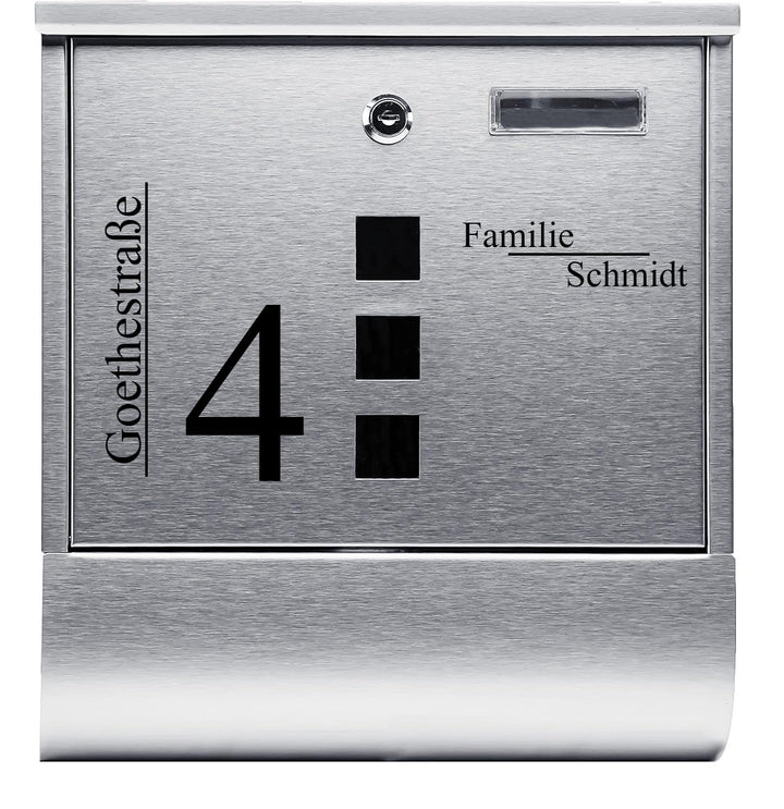 Personalisierter Briefkasten mit Zeitungsfach und 3 Sichtfenster, Edelstahl Postkasten Designer Wand