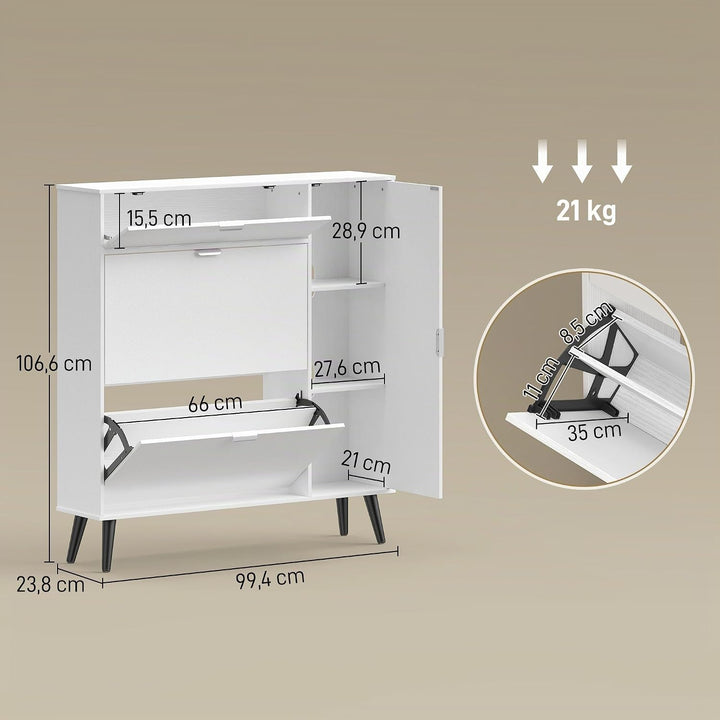 HOMCOM Schuhschrank mit 2 Klappen, Schmal Schuhkipper mit 2 Soft-Close-Türen mit Lederoptik, Verstel