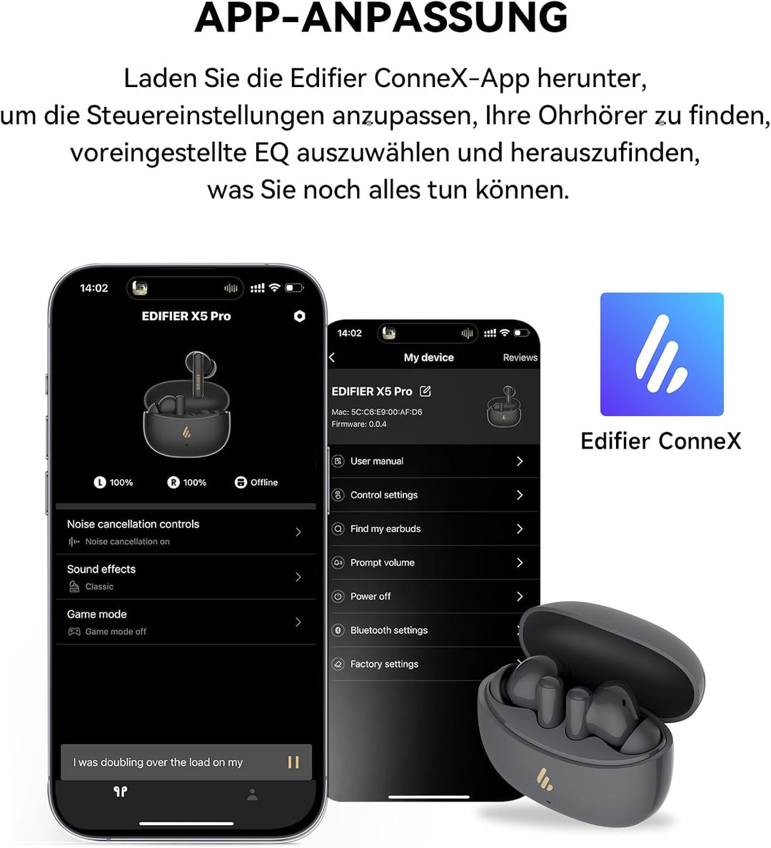 Edifier X5 Pro Kopfhörer mit aktiver Geräuschunterdrückung mit KI-verbesserten Anrufen, Transparenz,
