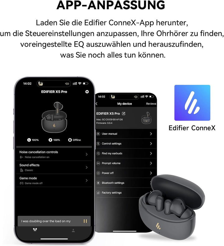 Edifier X5 Pro Kopfhörer mit aktiver Geräuschunterdrückung mit KI-verbesserten Anrufen, Transparenz,