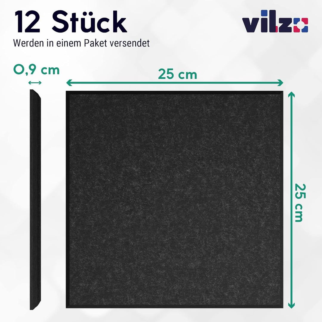 vilz 12 Stück Akustik Panel aus recyceltem Filz - Schalldämmer Quadrate 250x250x9 mm Farbe Schwarz f