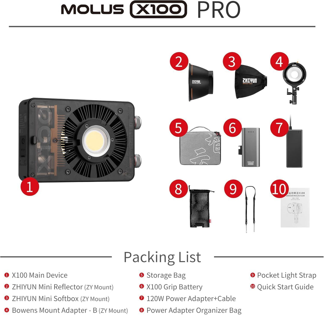 ZHIYUN MOLUS X100 Pro 100W COB LED-Videolampen zweifarbige permanente Ausgangsbeleuchtung 2700K-6500