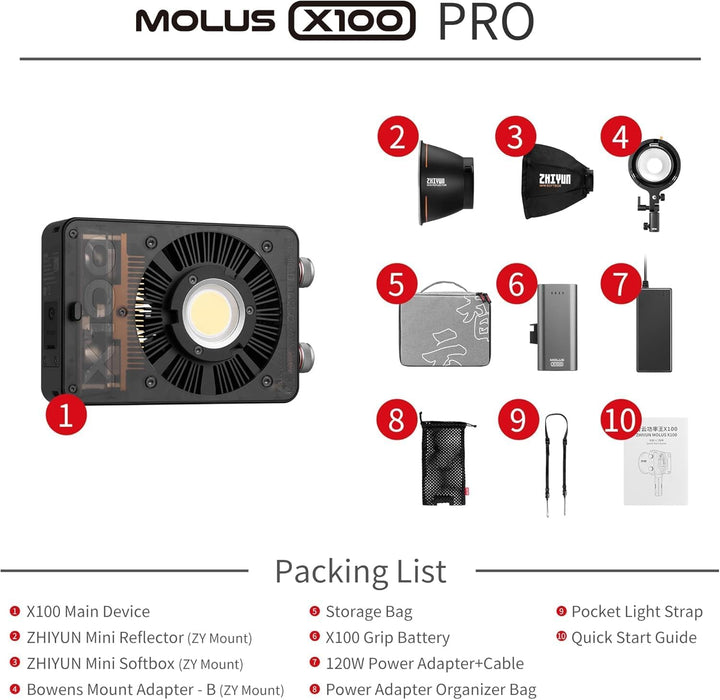 ZHIYUN MOLUS X100 Pro 100W COB LED-Videolampen zweifarbige permanente Ausgangsbeleuchtung 2700K-6500