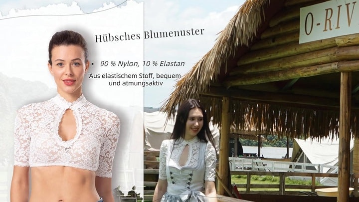 Dirndlwelle Oktoberfest Damen Dirndlbluse Elegante Trachtenbluse Blumenmuster Kurzarm Weiss Spitzebl