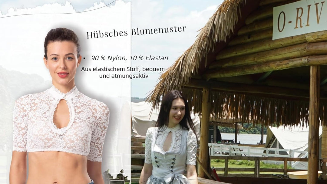 Dirndlwelle Oktoberfest Damen Dirndlbluse Elegante Trachtenbluse Blumenmuster Kurzarm Weiss Spitzebl