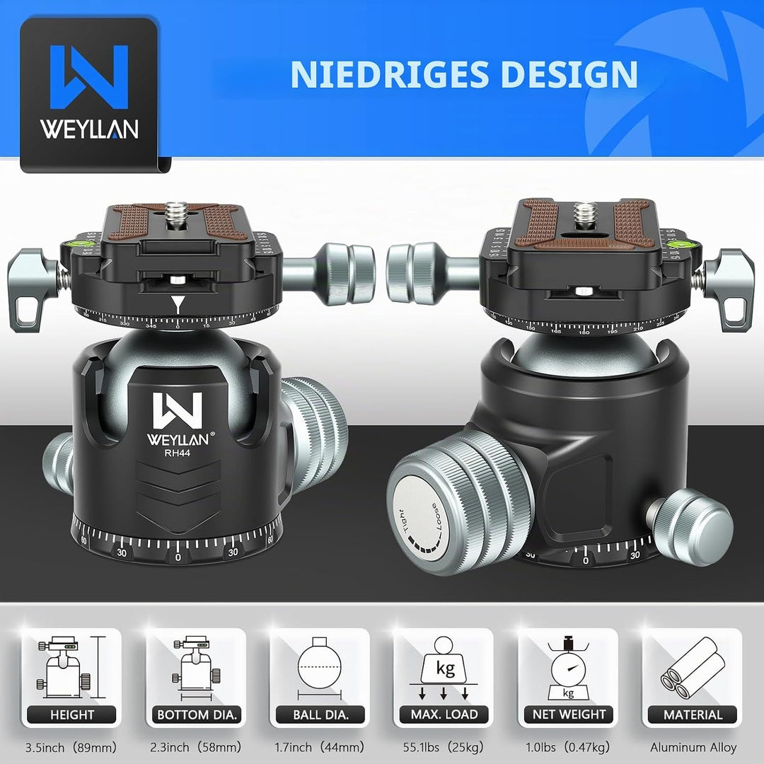 WEYLLAN Doppelter Panorama Low Profile Kugelkopf für 360 °drehbar,Stativkopf mit Schnellwechselplatt