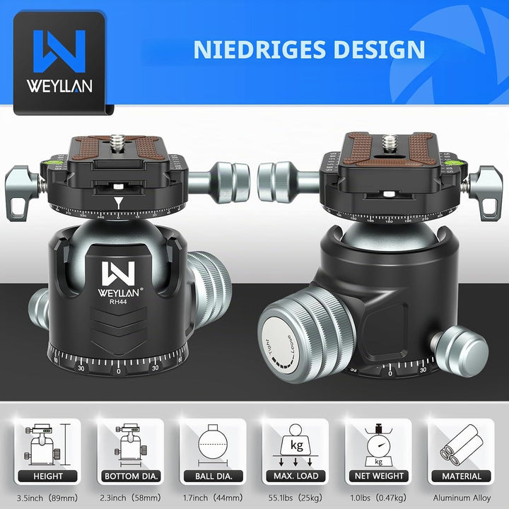 WEYLLAN Doppelter Panorama Low Profile Kugelkopf für 360 °drehbar,Stativkopf mit Schnellwechselplatt