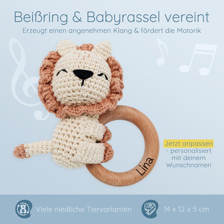 Personalisierter Beissring Baby - Niedlicher Greifling für Baby's ab 0 Monate - Babyrassel mit Name