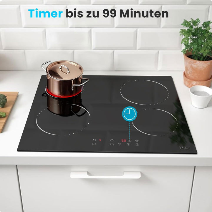 Glaskeramikkochfeld 4 Zonen Kochfelder Sensor-touch Control Kochfeld Autark 60cm, 6000W, 9 Leistungs