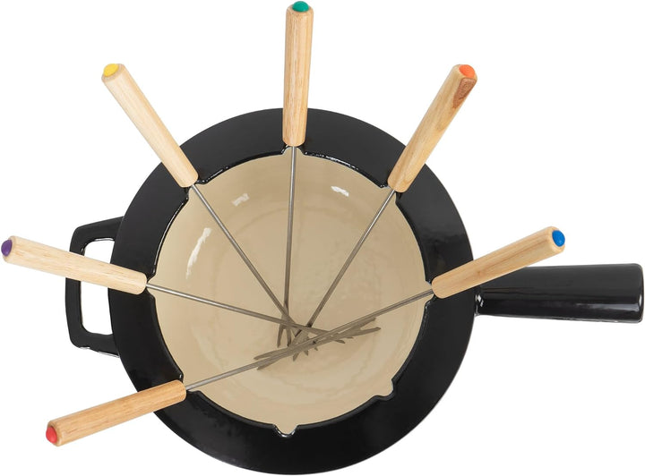 Mahlzeit Gusseisen Fondue Set für 6 Personen | 2 Liter | Fondueset 13 teilig mit Brenner und Gabeln