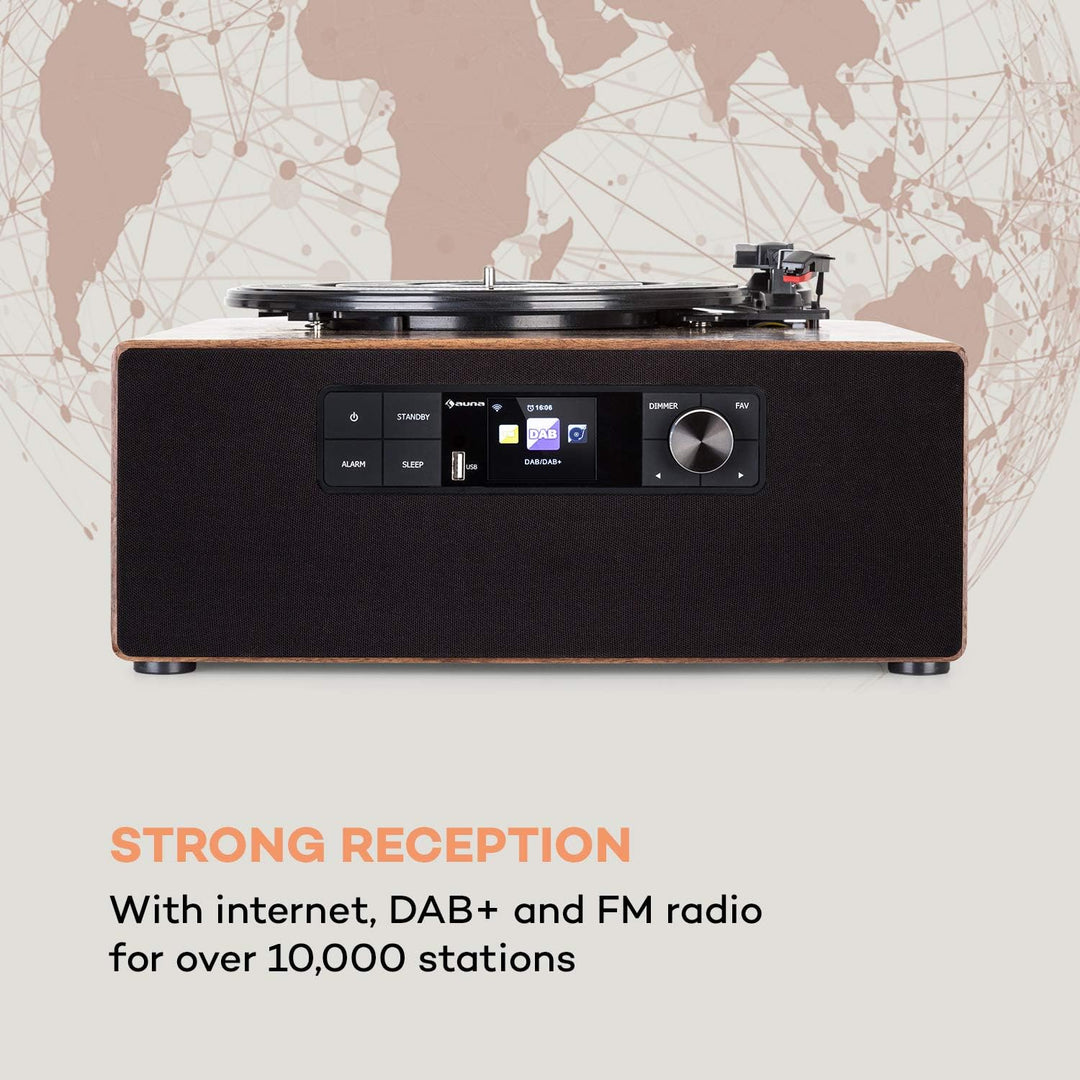 auna Connect Vinyl Cube Plattenspieler, Internetradio DAB+ UKW, integrierte Lautsprecher, Smart Radi