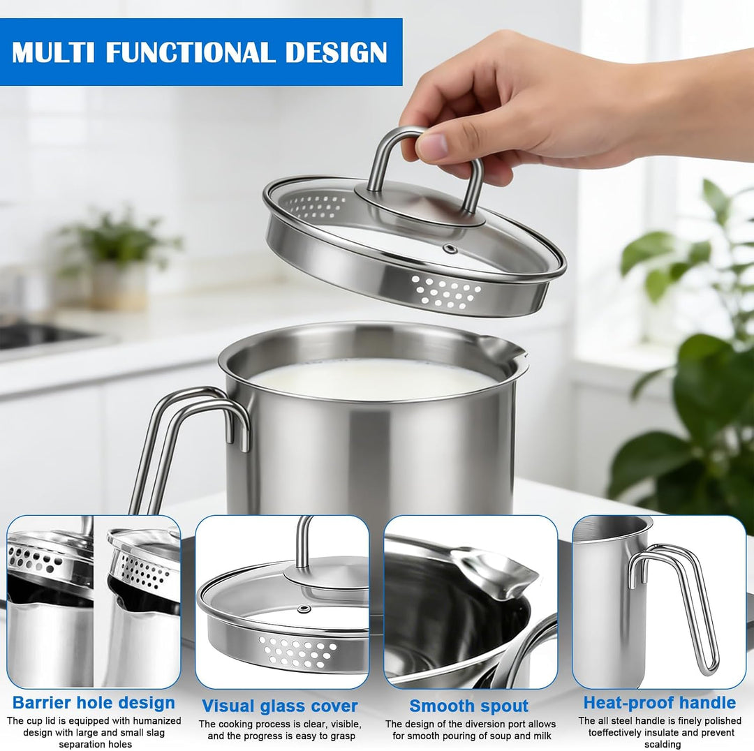 Milchtopf Edelstahl mit Deckel, 1.9L Edelstahltopf mit Glasdeckel, Kochtopf Induktion mit Griff und