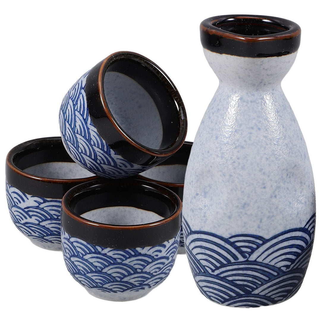 HEMOTON Keramik Sake Set Japanische Sake Flasche Und Vier Ochoko Tassen Glasiert Sea Ripple Sake für