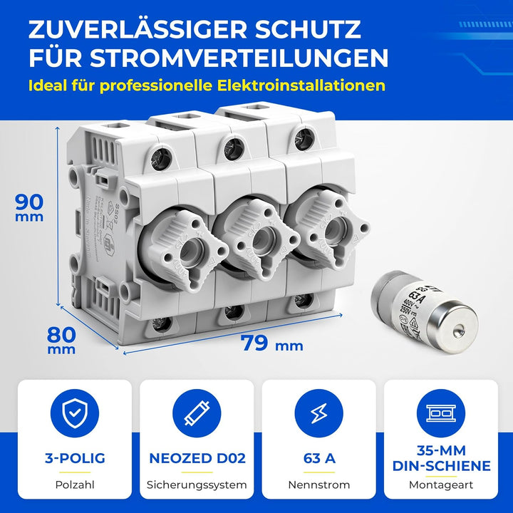 grenda-hammer® | Neozed Sicherungssockel mit Schraubkappen und 3x Schmelzsicherungen (D02-3x63 Ampèr