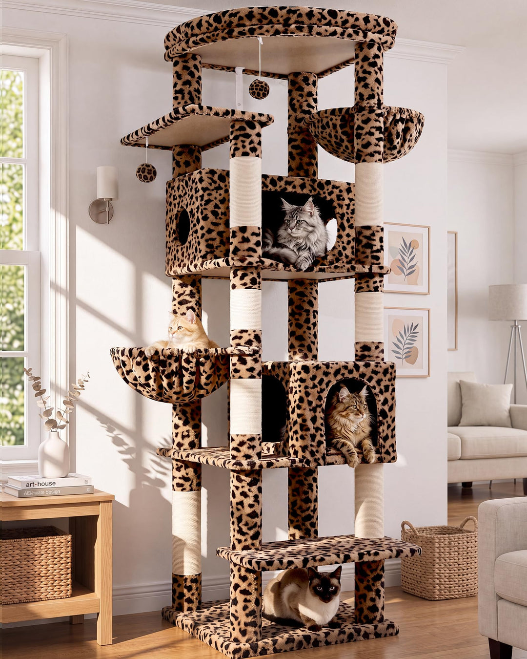 Globlazer Kratzbaum Grosse Leoparden 188 cm mit 2 Grosser Katzenhaus 50 * 30 * 30CM, Extragross Gepo