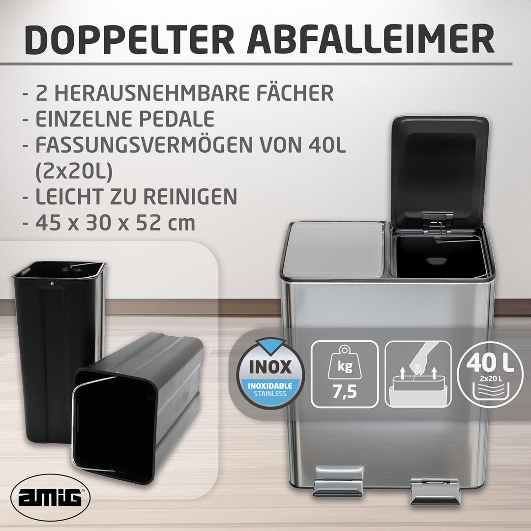 Amig - Doppelte Recycling-Mülleimer mit Pedalen Mod. RECIK EVO 40 L - 2 separate Behälter mit je 20