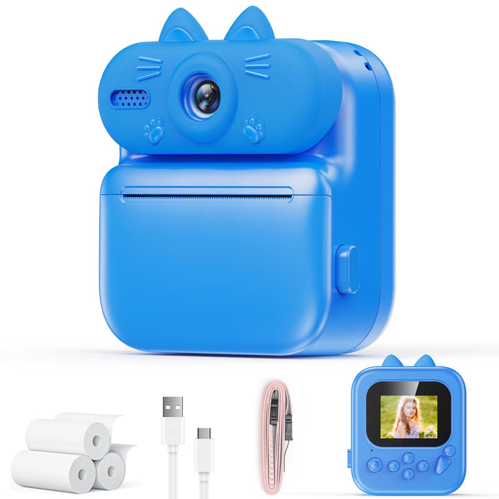 Kinder Sofortbildkamera mit Sofortdruck, 48MP Kamera (Katze-Blau) | Kinderkamera mit Druckpapier, 10